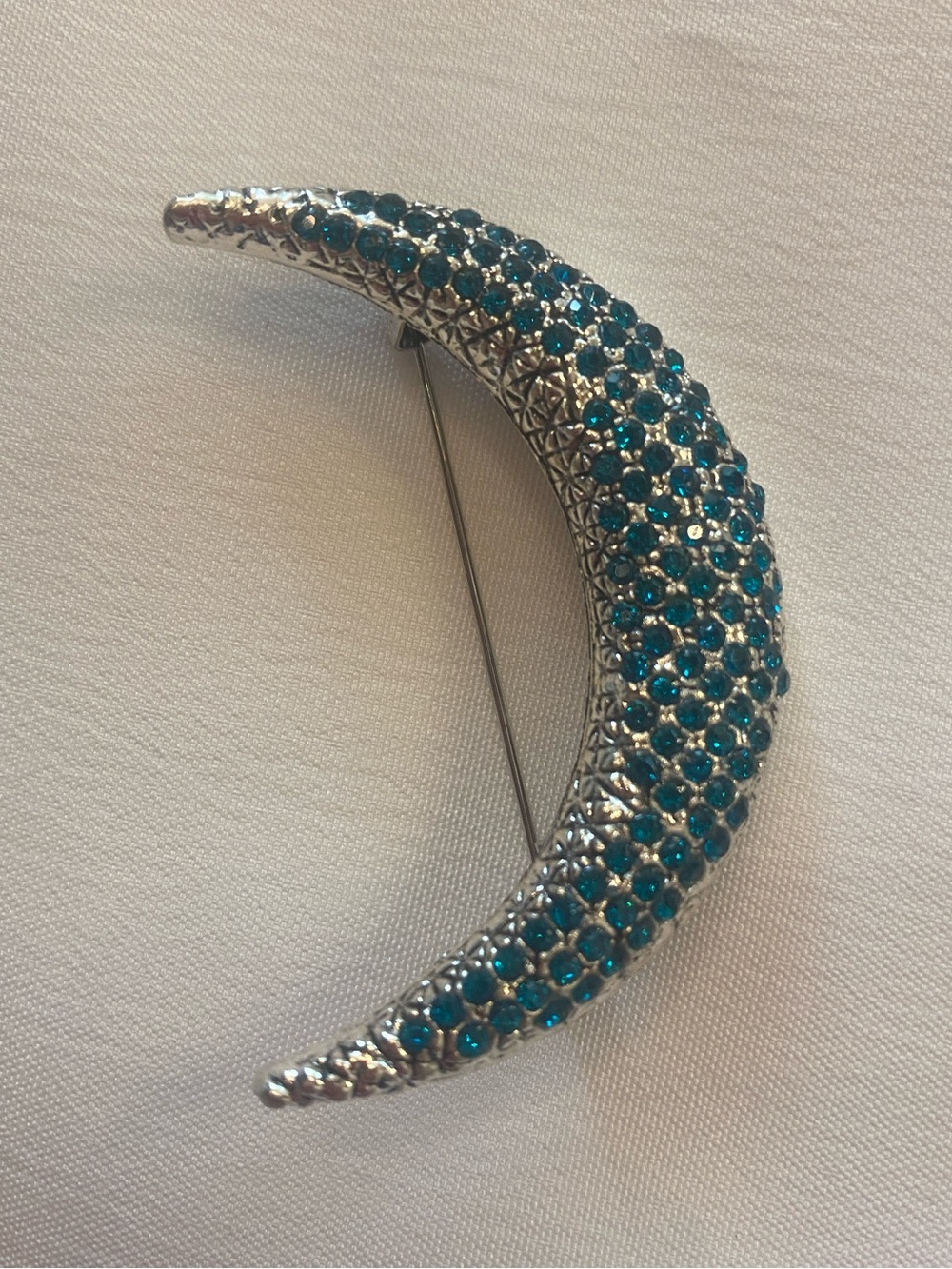 Crescent Moon Brooch Silver Teal Crystals New Pin